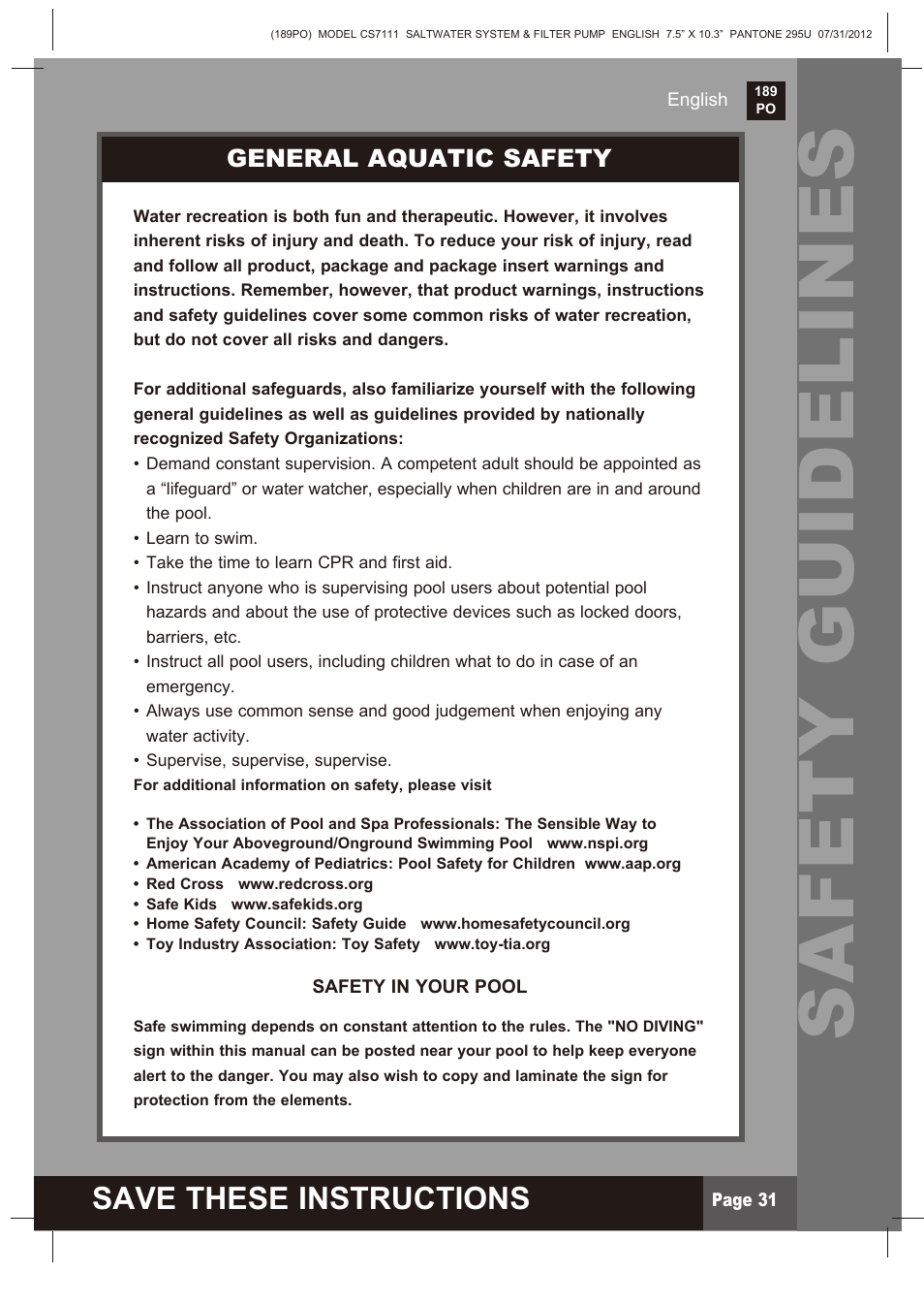 Safety guidelines, Save these instructions | Intex CS7111 Krystal Clear Saltwater System 2013 User Manual | Page 31 / 32