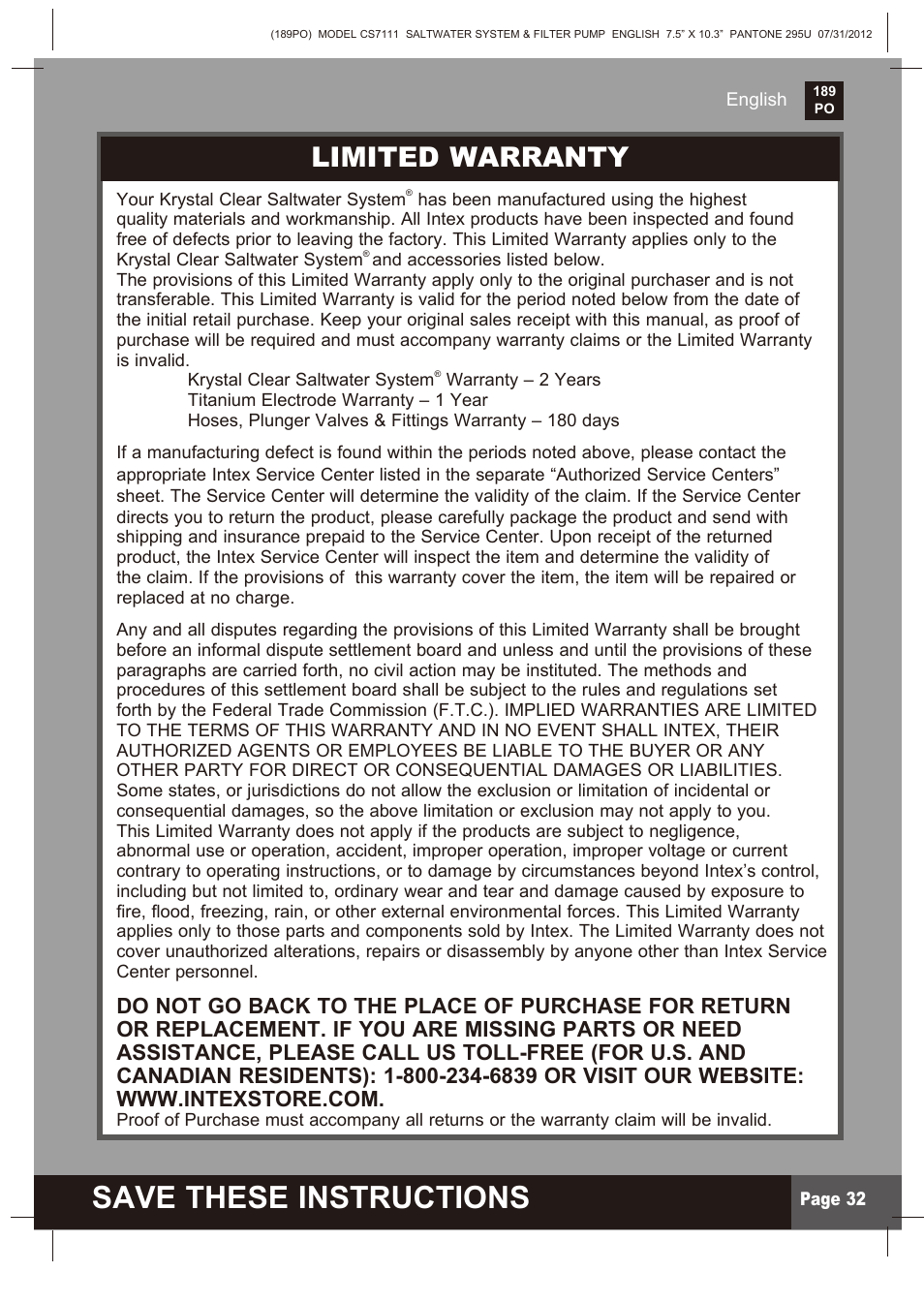 Save these instructions, Limited warranty | Intex CS7111 Krystal Clear Saltwater System 2013 User Manual | Page 32 / 32