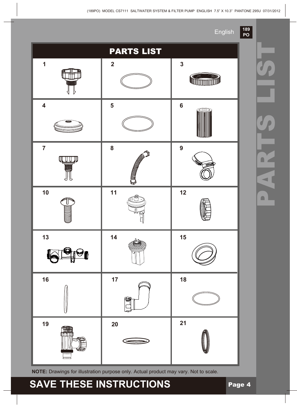 Parts list, Save these instructions | Intex CS7111 Krystal Clear Saltwater System 2013 User Manual | Page 4 / 32