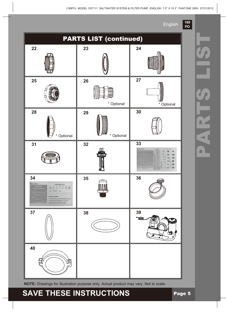 Parts list, Save these instructions | Intex CS7111 Krystal Clear Saltwater System 2013 User Manual | Page 5 / 32