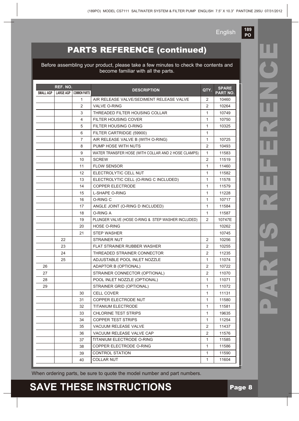 Parts reference, Save these instructions, Parts reference (continued) | Page 8 english | Intex CS7111 Krystal Clear Saltwater System 2013 User Manual | Page 8 / 32