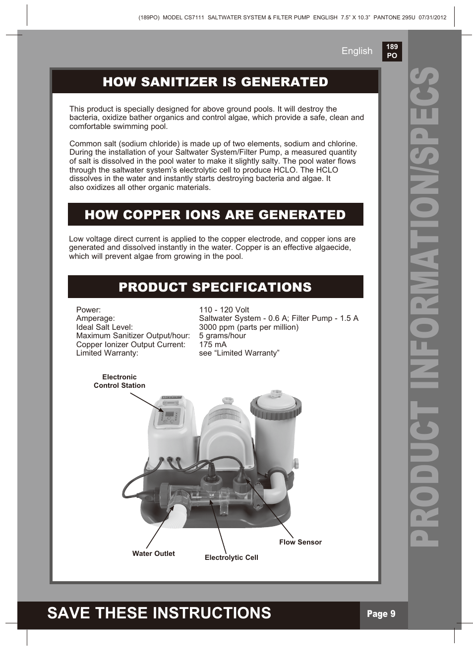 Product information/specs, Save these instructions, How sanitizer is generated | Intex CS7111 Krystal Clear Saltwater System 2013 User Manual | Page 9 / 32