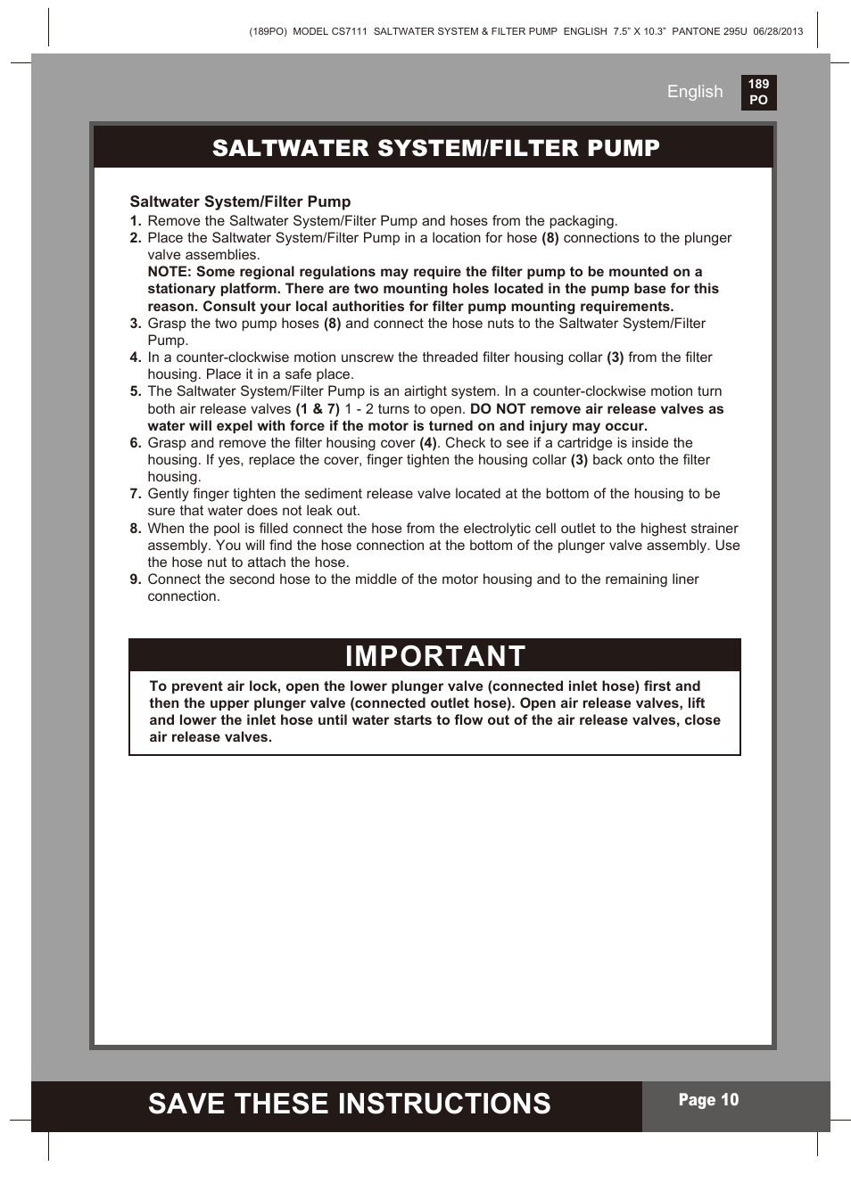 Save these instructions, S ave these instructions, Important | Saltwater system/filter pump | Intex CS7111 Krystal Clear Saltwater System 2014 User Manual | Page 10 / 29