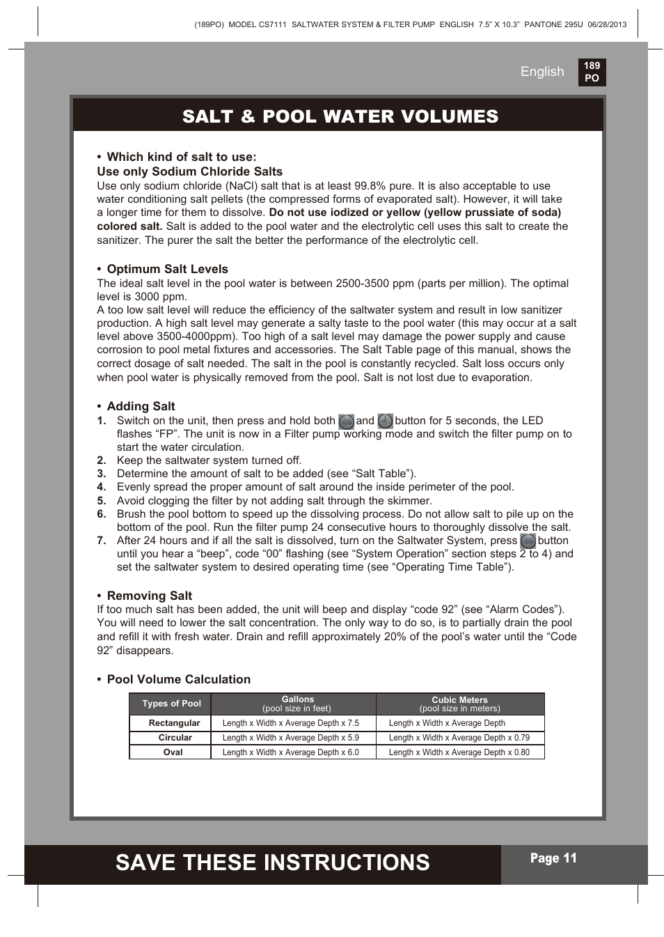 Save these instructions, S ave these instructions, Salt & pool water volumes | Page 2, English, English page 11 | Intex CS7111 Krystal Clear Saltwater System 2014 User Manual | Page 11 / 29