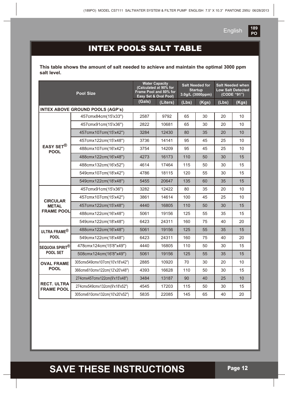 Save these instructions, S ave these instructions, Intex pools salt table | Page 2, English, English page 12 | Intex CS7111 Krystal Clear Saltwater System 2014 User Manual | Page 12 / 29