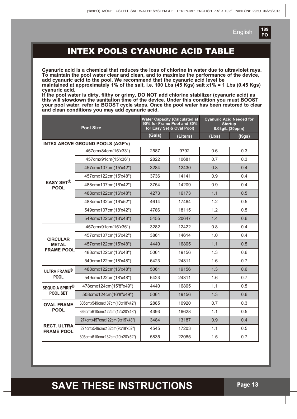 Save these instructions, S ave these instructions, Intex pools cyanuric acid table | Page 2, English, English page 13 | Intex CS7111 Krystal Clear Saltwater System 2014 User Manual | Page 13 / 29