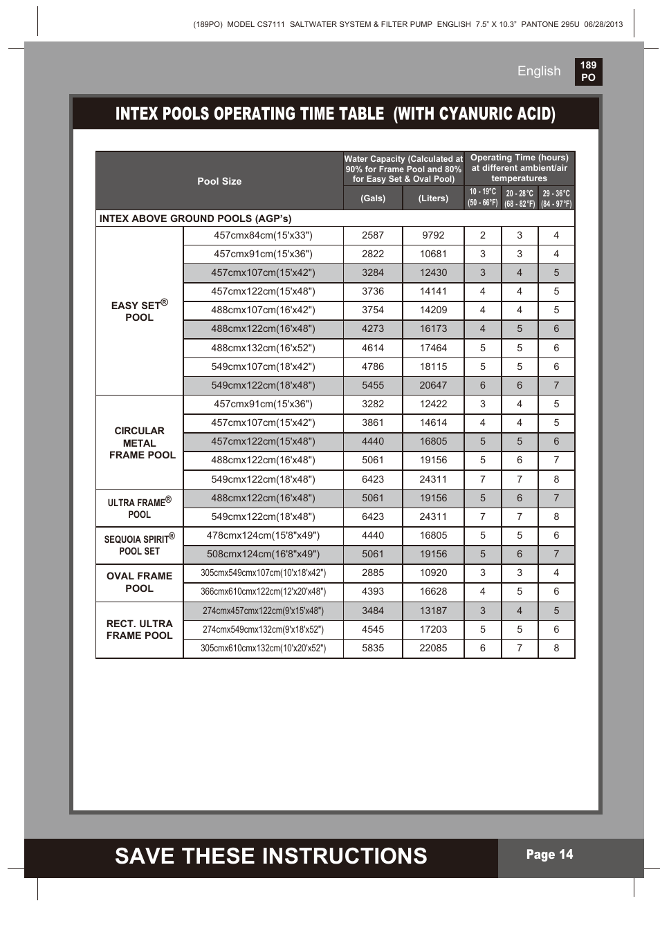 Save these instructions, S ave these instructions, Page 2 | English, English page 14 | Intex CS7111 Krystal Clear Saltwater System 2014 User Manual | Page 14 / 29