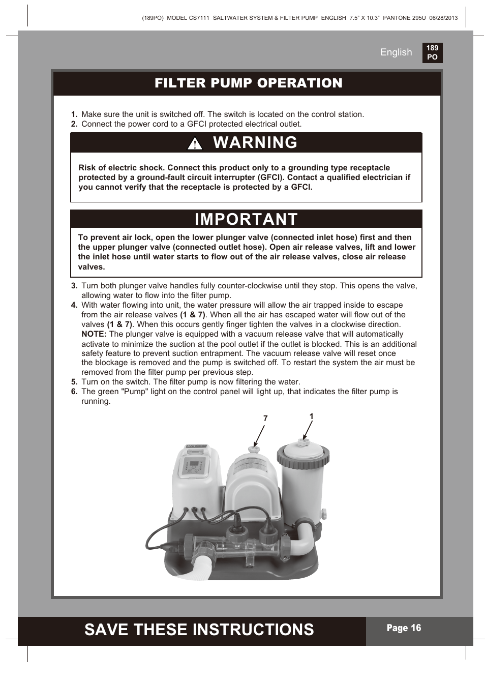 Save these instructions, S ave these instructions, Important warning | Filter pump operation | Intex CS7111 Krystal Clear Saltwater System 2014 User Manual | Page 16 / 29