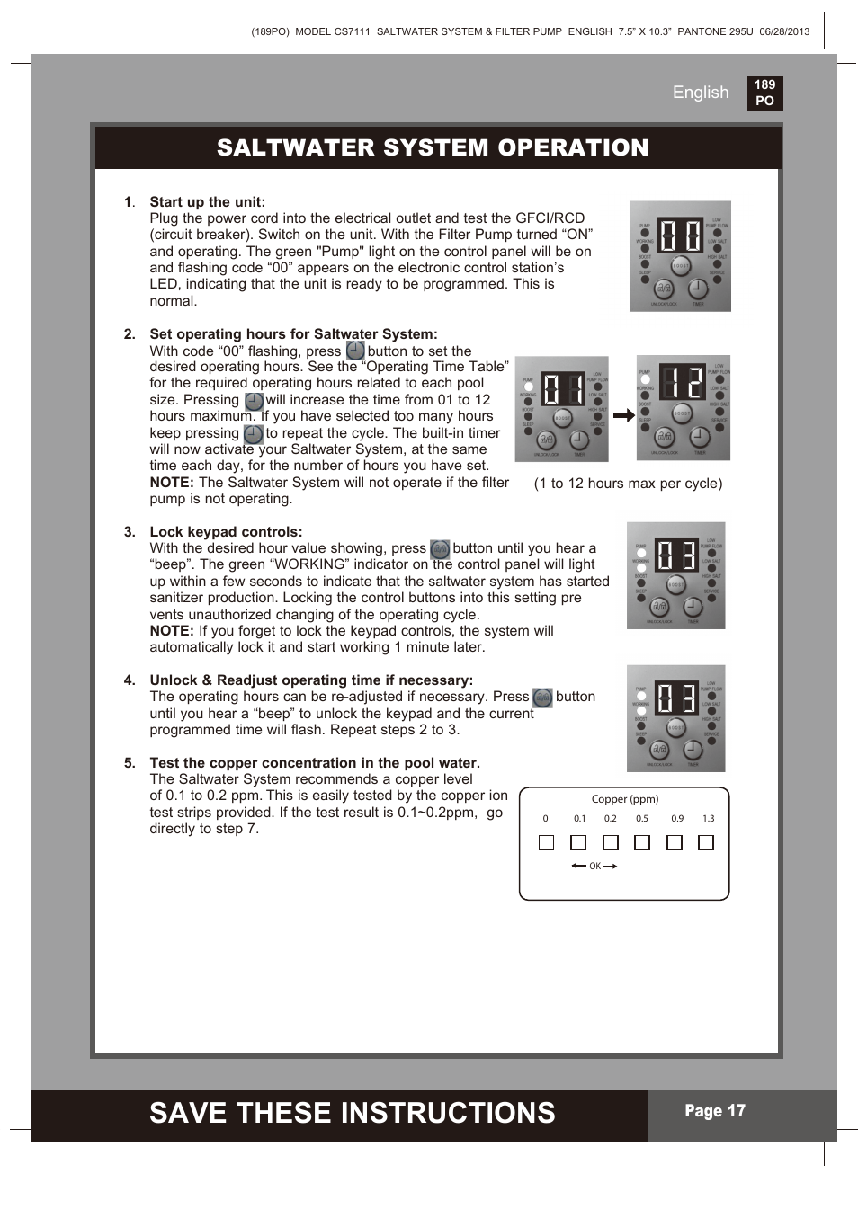 Save these instructions, S ave these instructions, Saltwater system operation | Page 2, English, English page 17 | Intex CS7111 Krystal Clear Saltwater System 2014 User Manual | Page 17 / 29