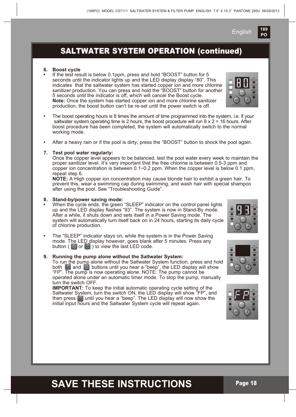 Save these instructions, S ave these instructions, Saltwater system operation (continued) | Intex CS7111 Krystal Clear Saltwater System 2014 User Manual | Page 18 / 29