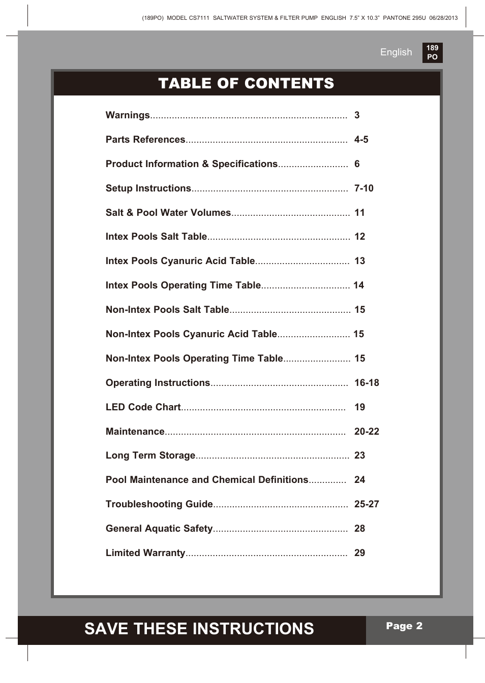 Intex CS7111 Krystal Clear Saltwater System 2014 User Manual | Page 2 / 29