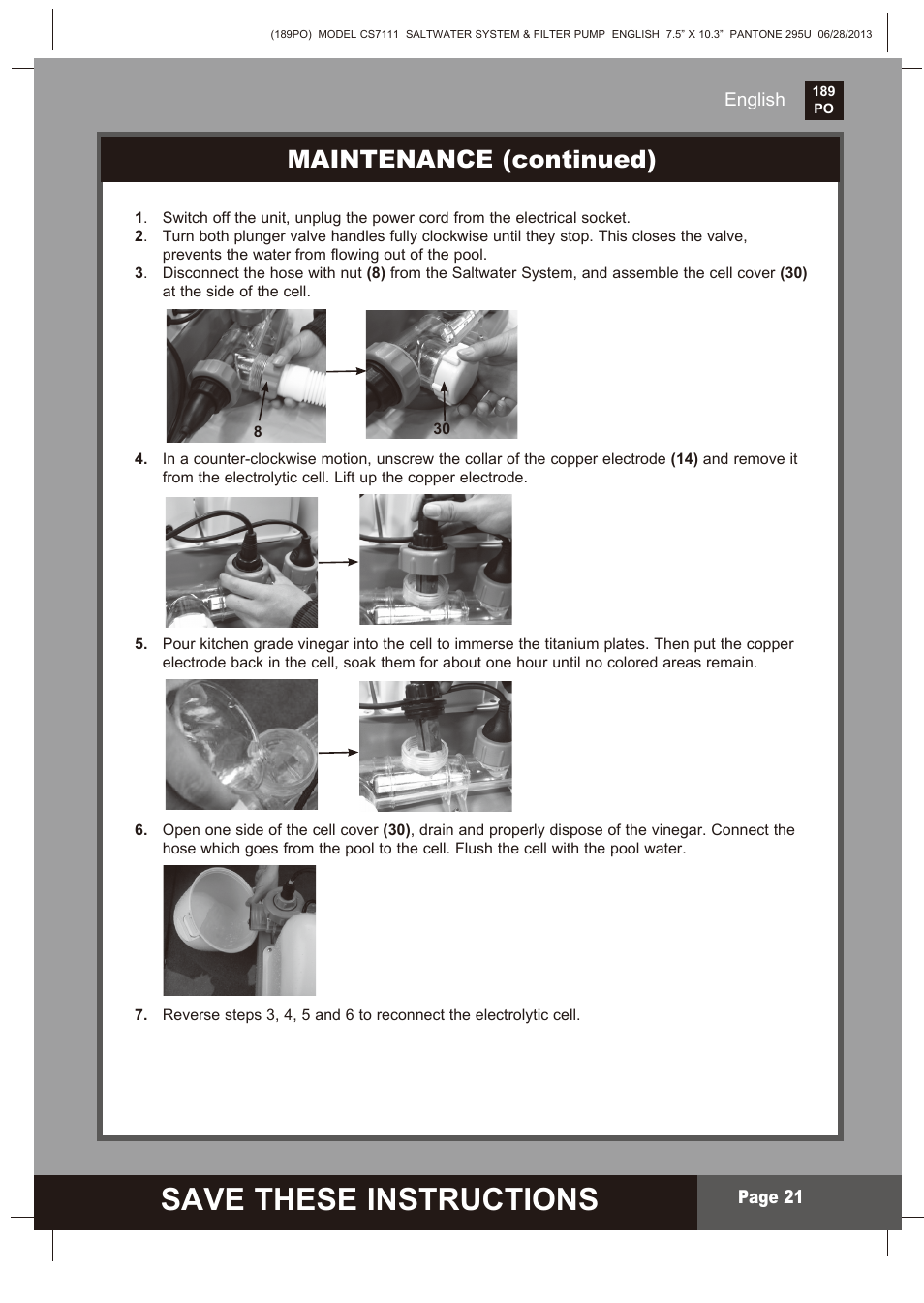 Save these instructions, S ave these instructions, Maintenance (continued) | Intex CS7111 Krystal Clear Saltwater System 2014 User Manual | Page 21 / 29