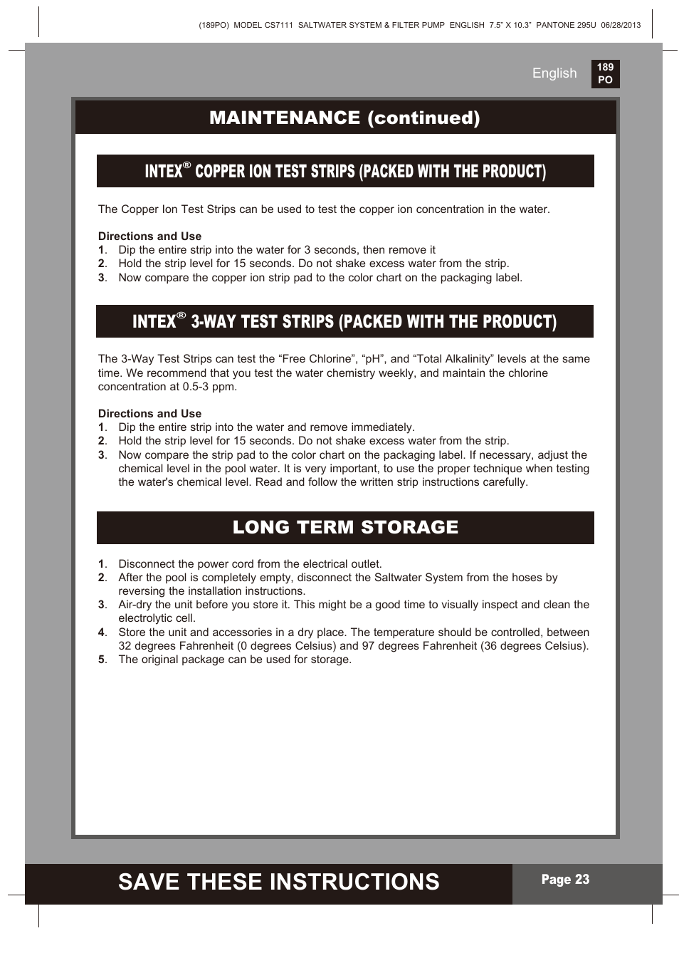 Save these instructions, S ave these instructions, Maintenance (continued) | Intex, Copper ion test strips (packed with the product) | Intex CS7111 Krystal Clear Saltwater System 2014 User Manual | Page 23 / 29