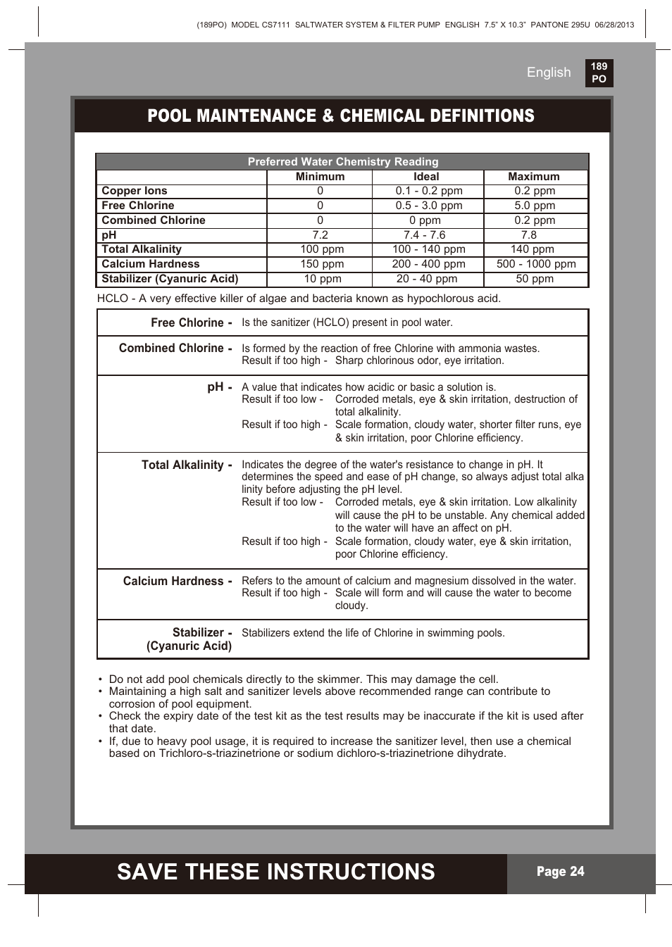 Save these instructions, S ave these instructions, Pool maintenance & chemical definitions | Intex CS7111 Krystal Clear Saltwater System 2014 User Manual | Page 24 / 29