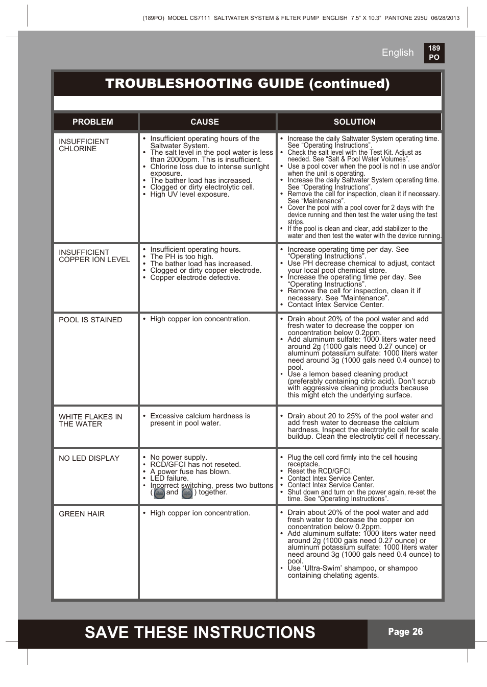Save these instructions, S ave these instructions, Troubleshooting guide (continued) | Page 2, English, English page 26 | Intex CS7111 Krystal Clear Saltwater System 2014 User Manual | Page 26 / 29