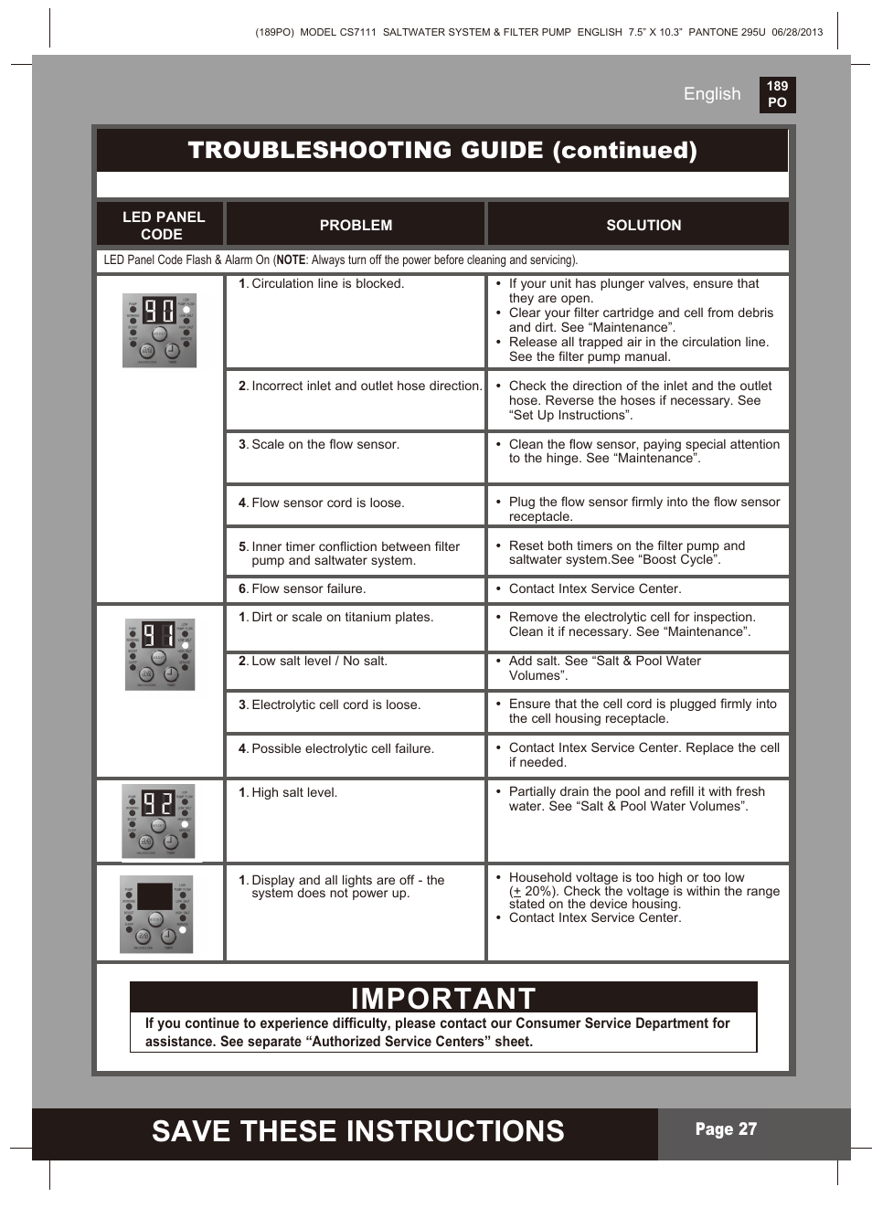 Save these instructions, S ave these instructions, Important | Troubleshooting guide (continued), Page 2, English, English page 27 | Intex CS7111 Krystal Clear Saltwater System 2014 User Manual | Page 27 / 29