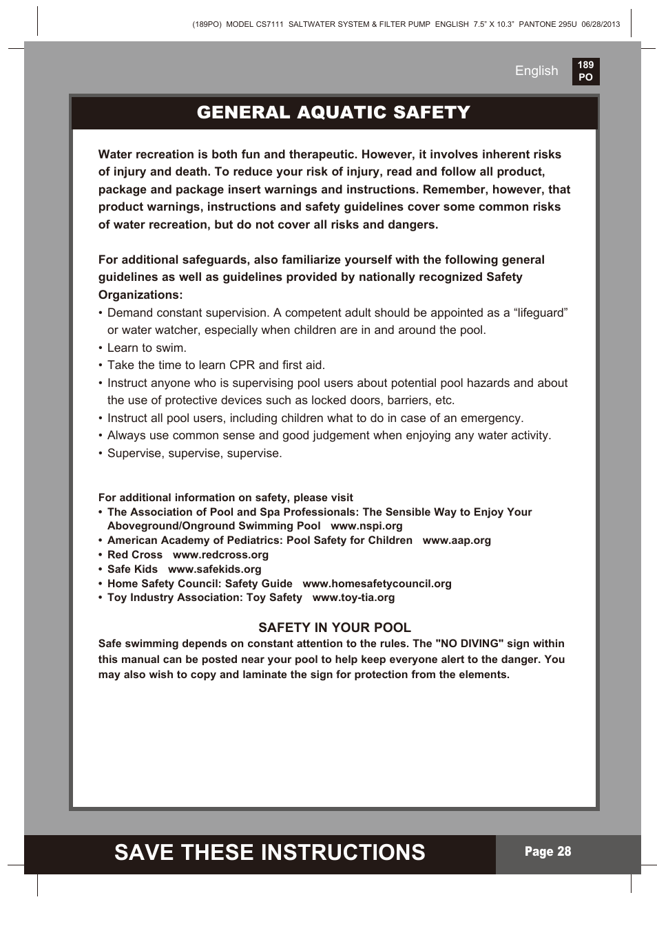 Save these instructions, S ave these instructions, General aquatic safety | Intex CS7111 Krystal Clear Saltwater System 2014 User Manual | Page 28 / 29