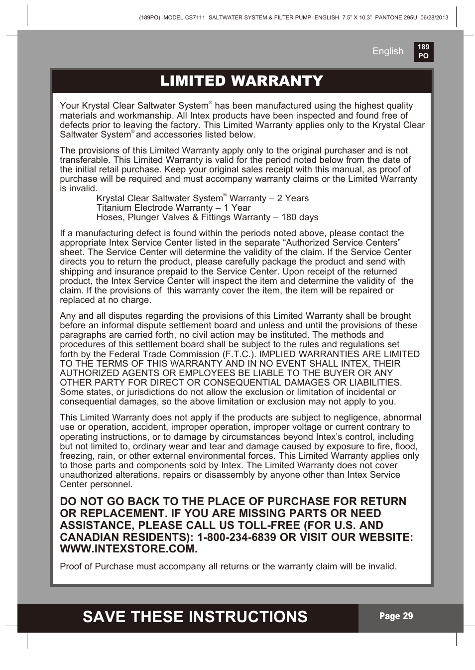 Save these instructions, S ave these instructions, Limited warranty | Intex CS7111 Krystal Clear Saltwater System 2014 User Manual | Page 29 / 29