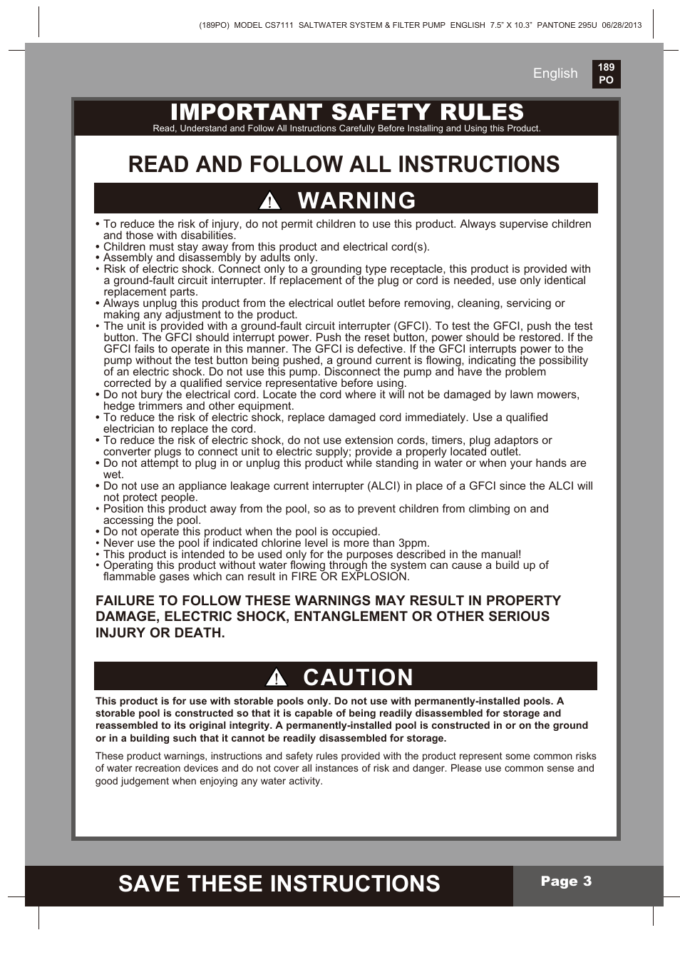 Save these instructions, S ave these instructions, Caution warning | Important safety rules, Read and follow all instructions | Intex CS7111 Krystal Clear Saltwater System 2014 User Manual | Page 3 / 29