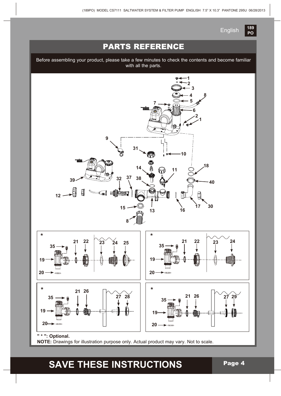 Save these instructions, S ave these instructions, Parts reference | Intex CS7111 Krystal Clear Saltwater System 2014 User Manual | Page 4 / 29