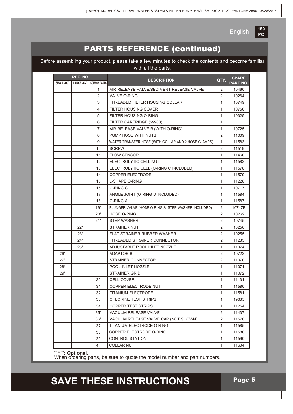 Save these instructions, S ave these instructions, Parts reference (continued) | Page 2, English, English page 5 | Intex CS7111 Krystal Clear Saltwater System 2014 User Manual | Page 5 / 29