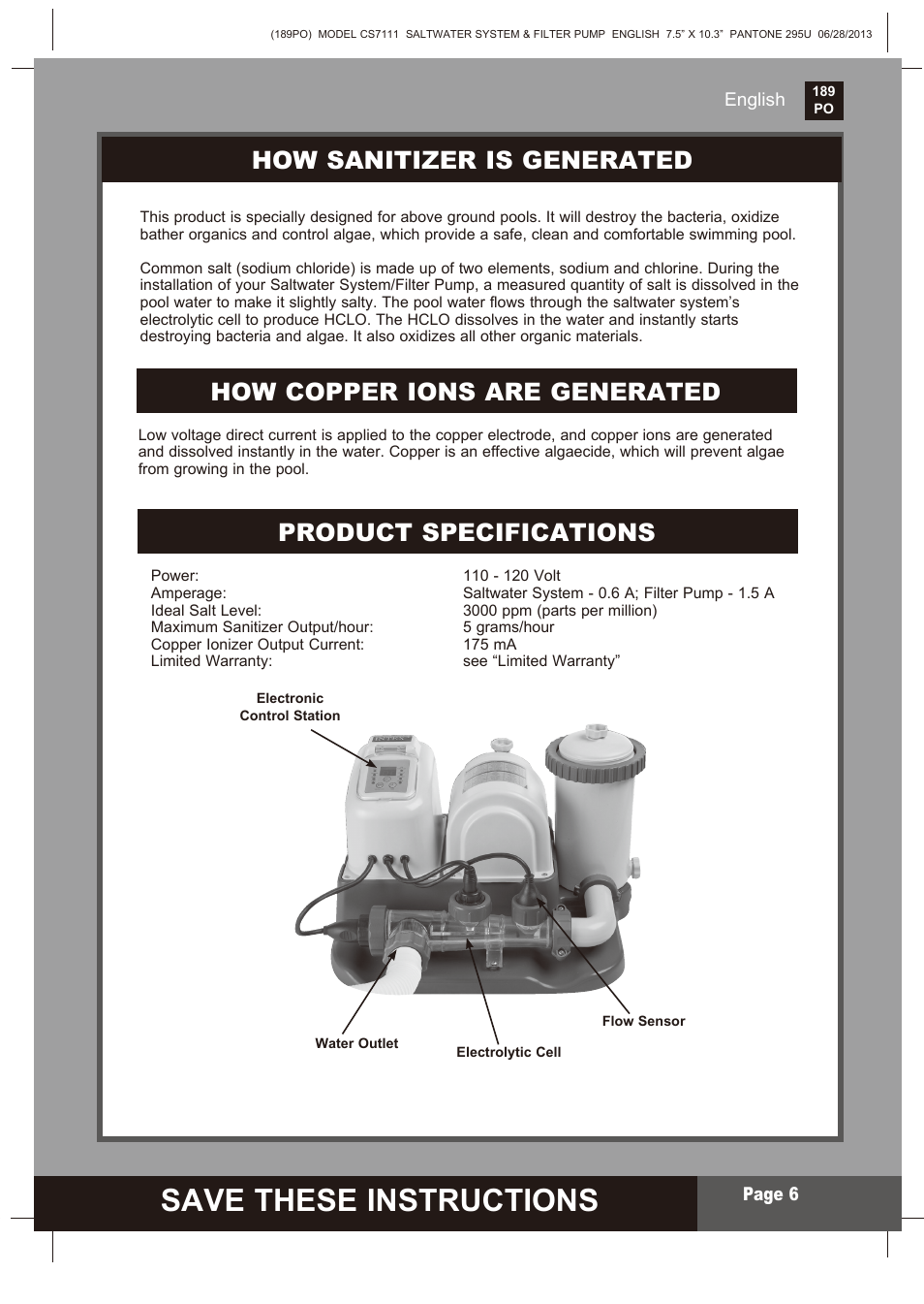 Save these instructions, S ave these instructions, How sanitizer is generated | Intex CS7111 Krystal Clear Saltwater System 2014 User Manual | Page 6 / 29