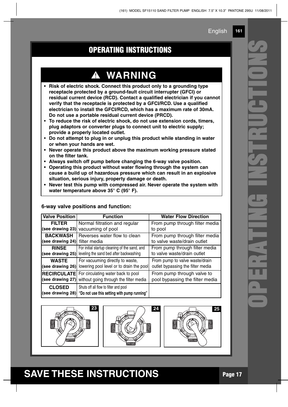 Save these instructions, Warning, Operating instructions | Page 17, English, Way valve positions and function, See drawing 23), See drawing 24), See drawing 25), See drawing 26) | Intex SF15110 Krystal Clear 2012 User Manual | Page 17 / 30