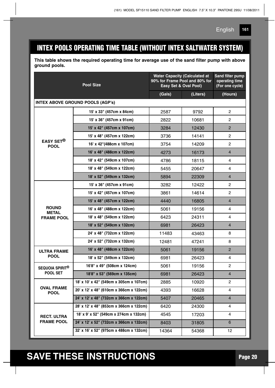 Save these instructions, Page 20, English | Intex SF15110 Krystal Clear 2012 User Manual | Page 20 / 30