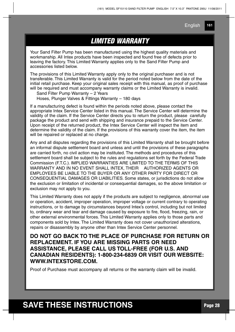 Save these instructions, Limited warranty | Intex SF15110 Krystal Clear 2012 User Manual | Page 28 / 30