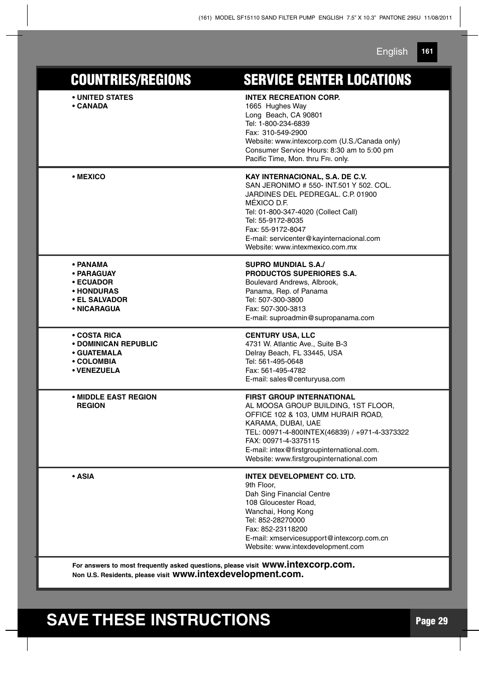 Save these instructions, Countries/regions service center locations, Page 29 | English | Intex SF15110 Krystal Clear 2012 User Manual | Page 29 / 30