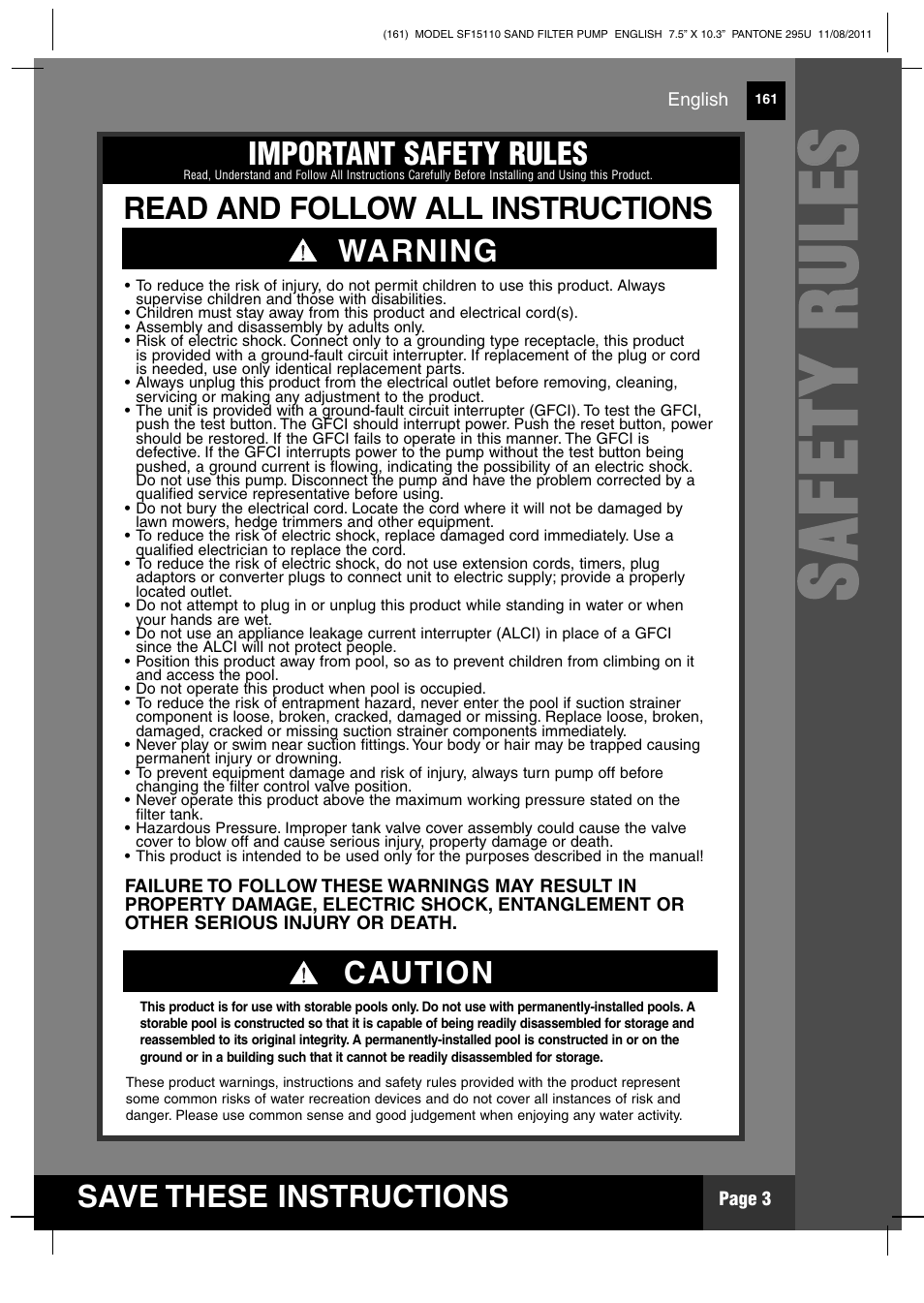 Ss aa ff ee tt yy rr uu ll ee ss, Save these instructions, Warning important safety rules | Read and follow all instructions, Caution | Intex SF15110 Krystal Clear 2012 User Manual | Page 3 / 30