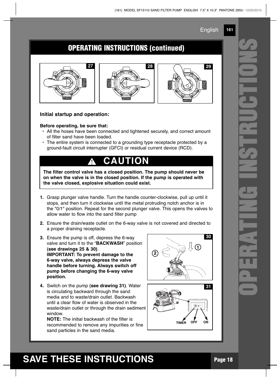 Save these instructions, Caution, Operating instructions (continued) | Page 18, English, Initial startup and operation, Timer off on | Intex SF15110 Krystal Clear 2011 User Manual | Page 18 / 30