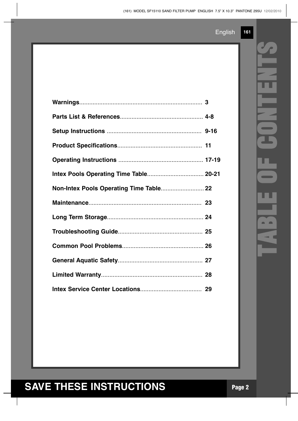 Tt aa bb ll ee oo ff cc oo nn tt ee nn tt ss | Intex SF15110 Krystal Clear 2011 User Manual | Page 2 / 30
