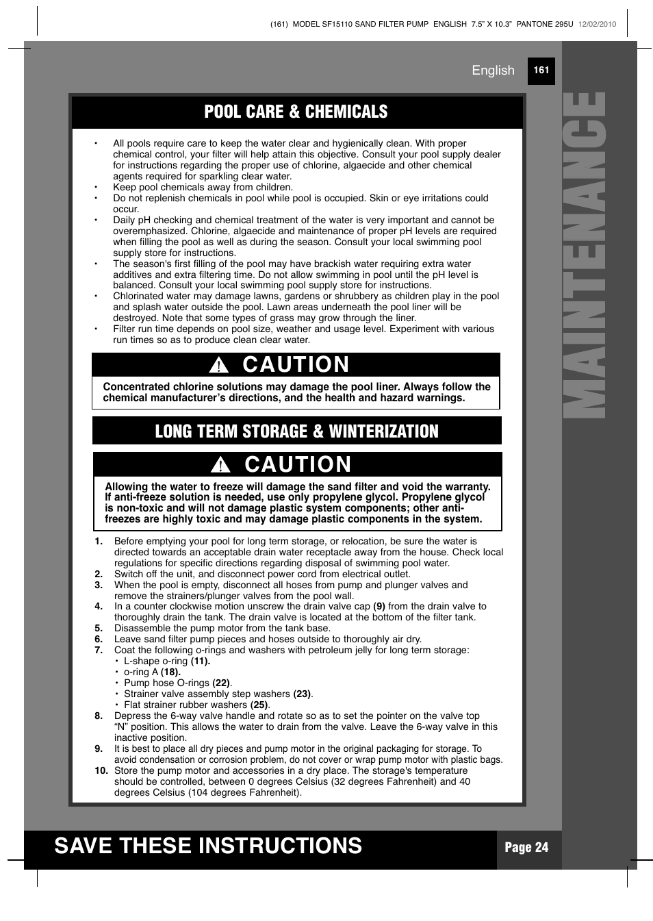 Mm aa iinn tt ee nn aa nn cc ee, Save these instructions, Caution | Intex SF15110 Krystal Clear 2011 User Manual | Page 24 / 30