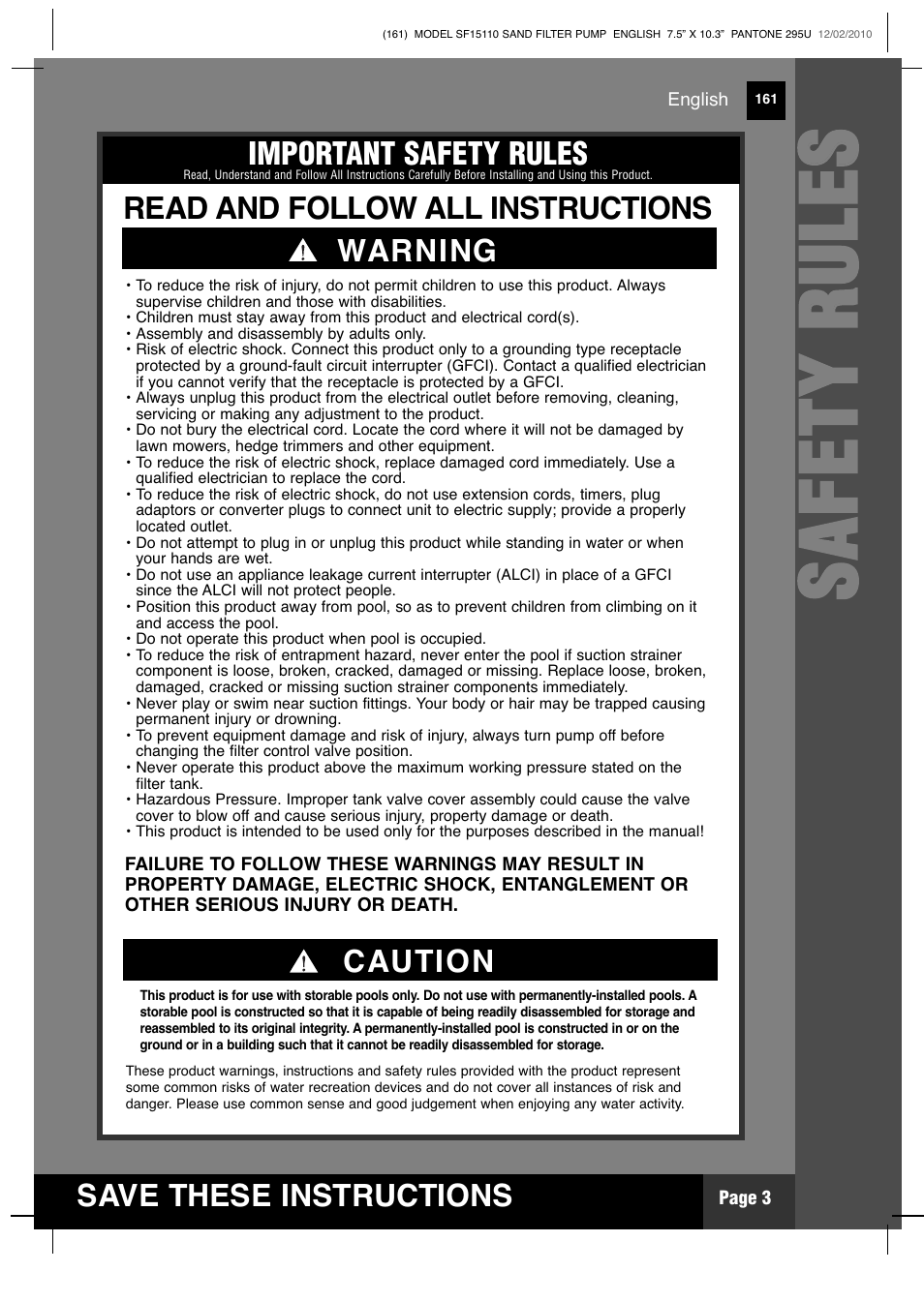 Ss aa ff ee tt yy rr uu ll ee ss, Save these instructions, Warning important safety rules | Read and follow all instructions, Caution | Intex SF15110 Krystal Clear 2011 User Manual | Page 3 / 30