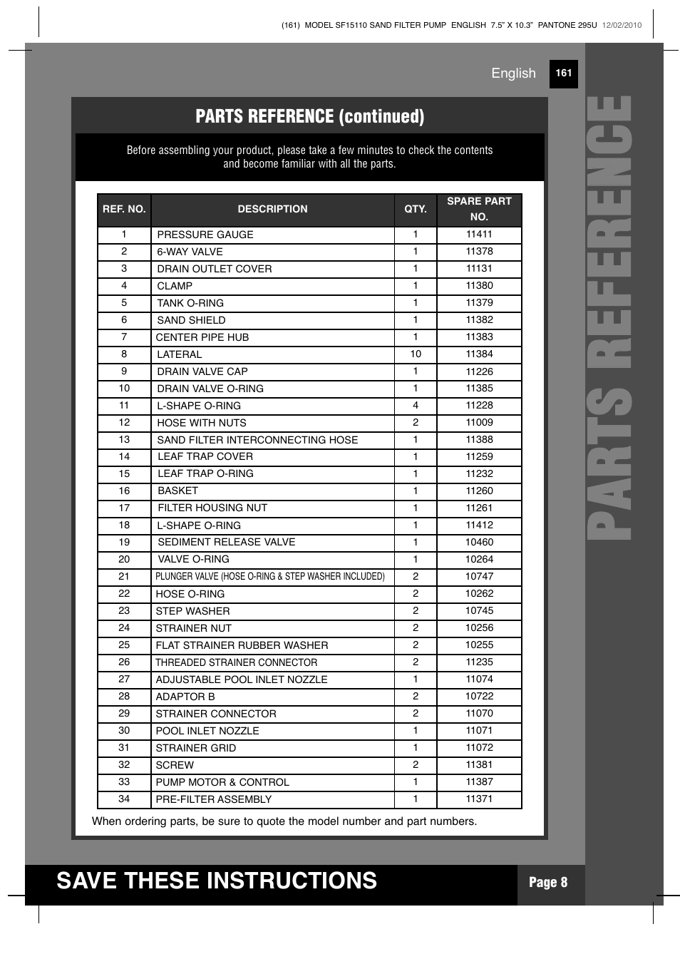 Pp aa rr tt ss rr ee ff ee rr ee nn cc ee, Save these instructions, Parts reference (continued) | Intex SF15110 Krystal Clear 2011 User Manual | Page 8 / 30