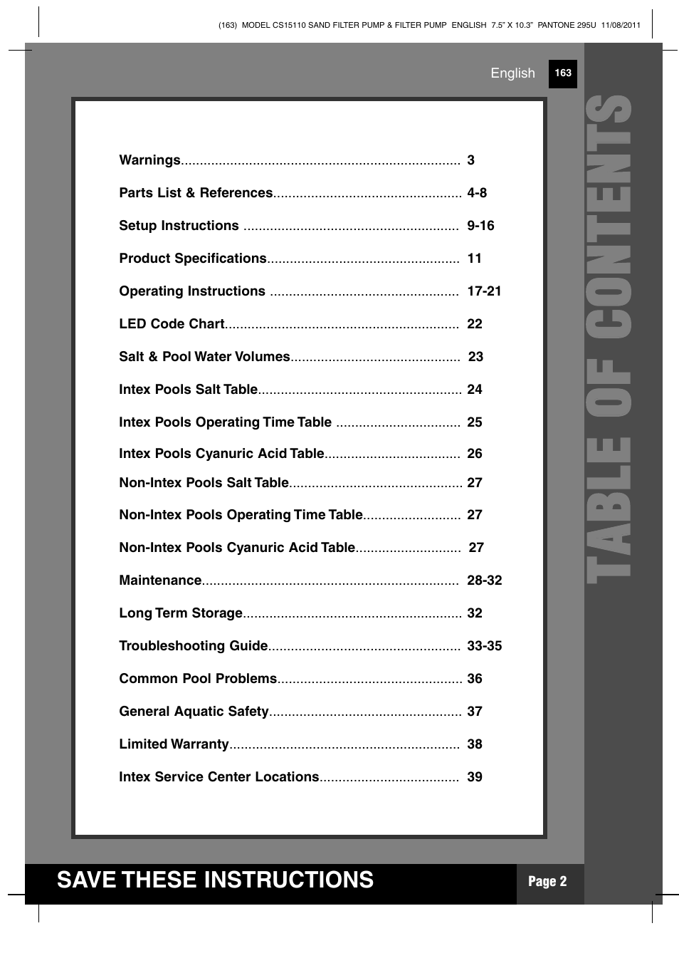 Tt aa bb ll ee oo ff cc oo nn tt ee nn tt ss | Intex CS15110 Krystal Clear 2012 User Manual | Page 2 / 40