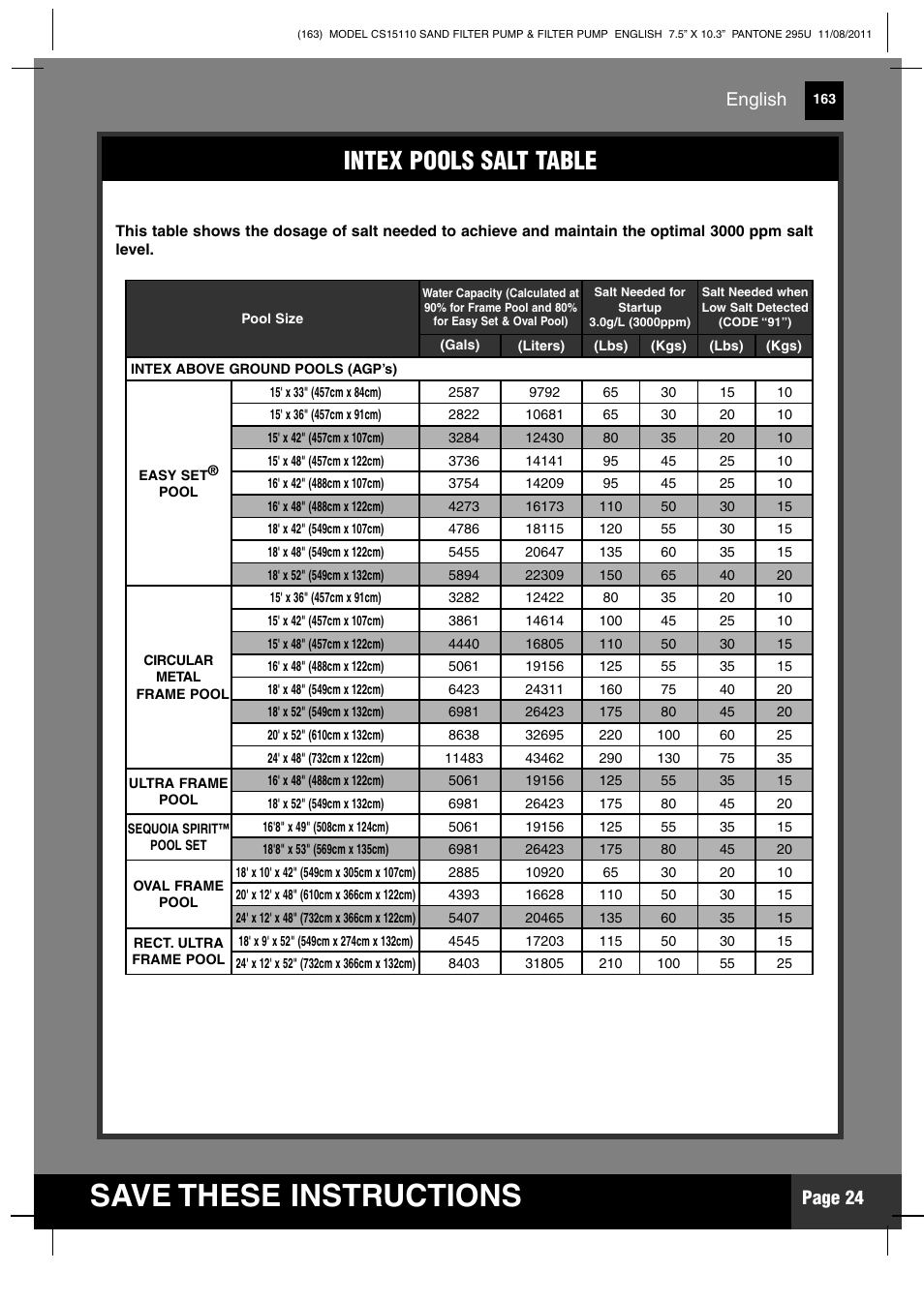Save these instructions, Intex pools salt table, Page 24 | English | Intex CS15110 Krystal Clear 2012 User Manual | Page 24 / 40