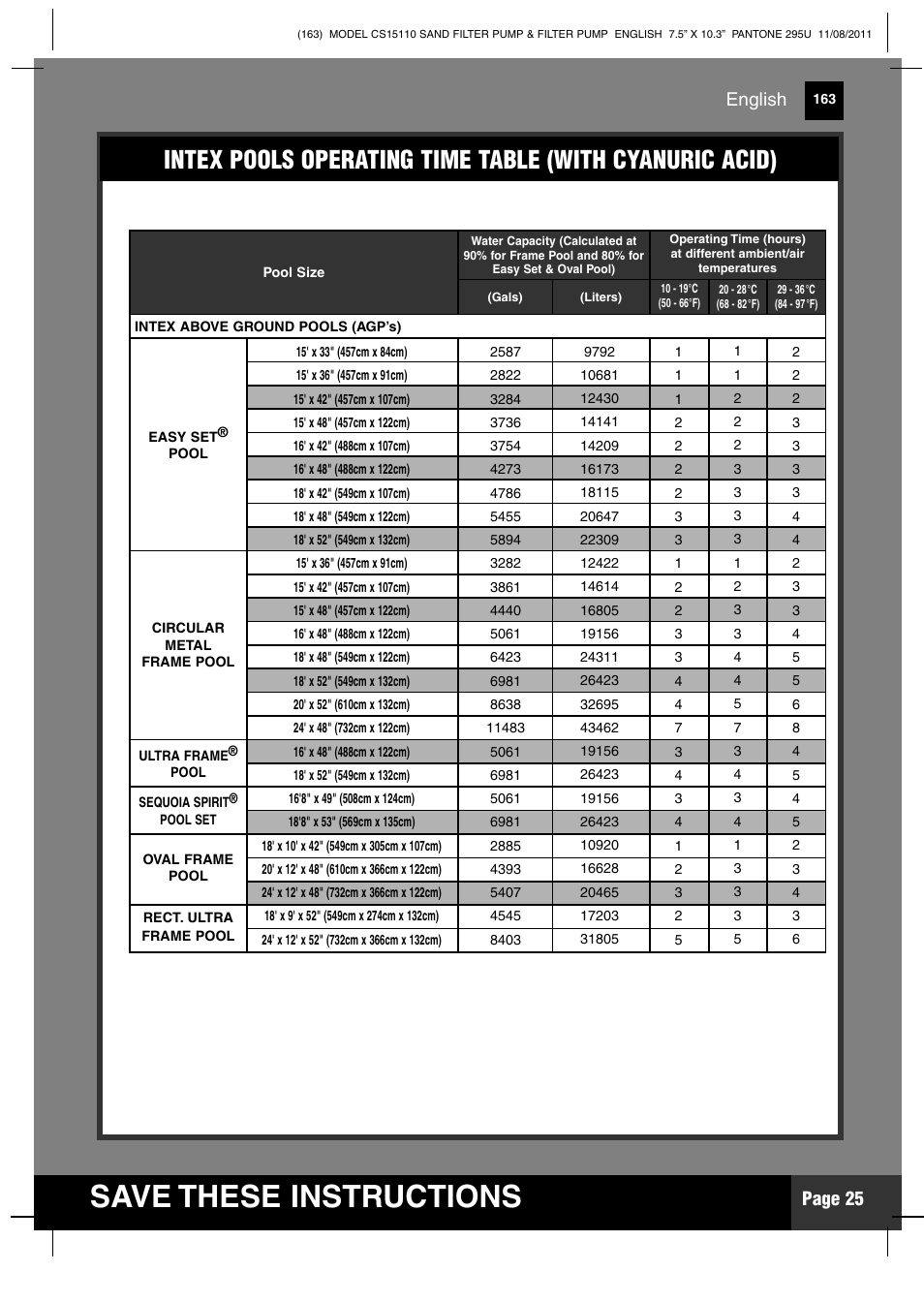 Save these instructions, Page 25, English | Intex CS15110 Krystal Clear 2012 User Manual | Page 25 / 40