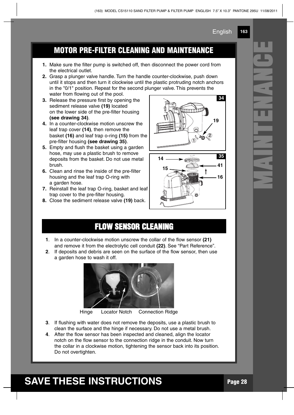 Mm aa iinn tt ee nn aa nn cc ee, Save these instructions | Intex CS15110 Krystal Clear 2012 User Manual | Page 28 / 40