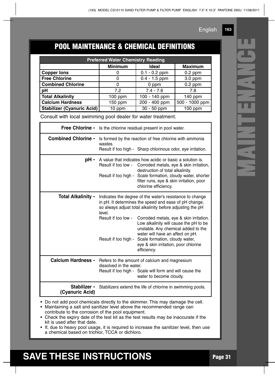 Mm aa iinn tt ee nn aa nn cc ee, Save these instructions | Intex CS15110 Krystal Clear 2012 User Manual | Page 31 / 40