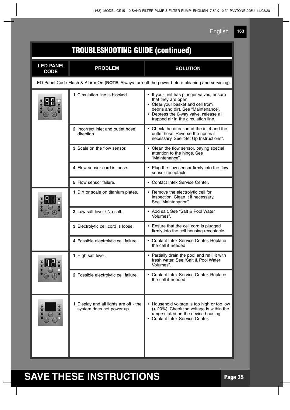 Save these instructions, Troubleshooting guide (continued), Page 35 | English | Intex CS15110 Krystal Clear 2012 User Manual | Page 35 / 40
