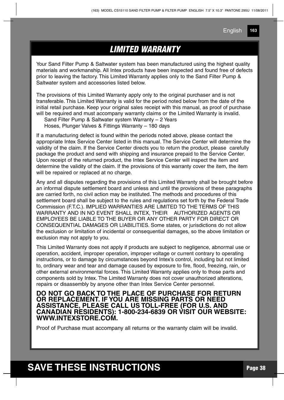 Save these instructions, Limited warranty | Intex CS15110 Krystal Clear 2012 User Manual | Page 38 / 40