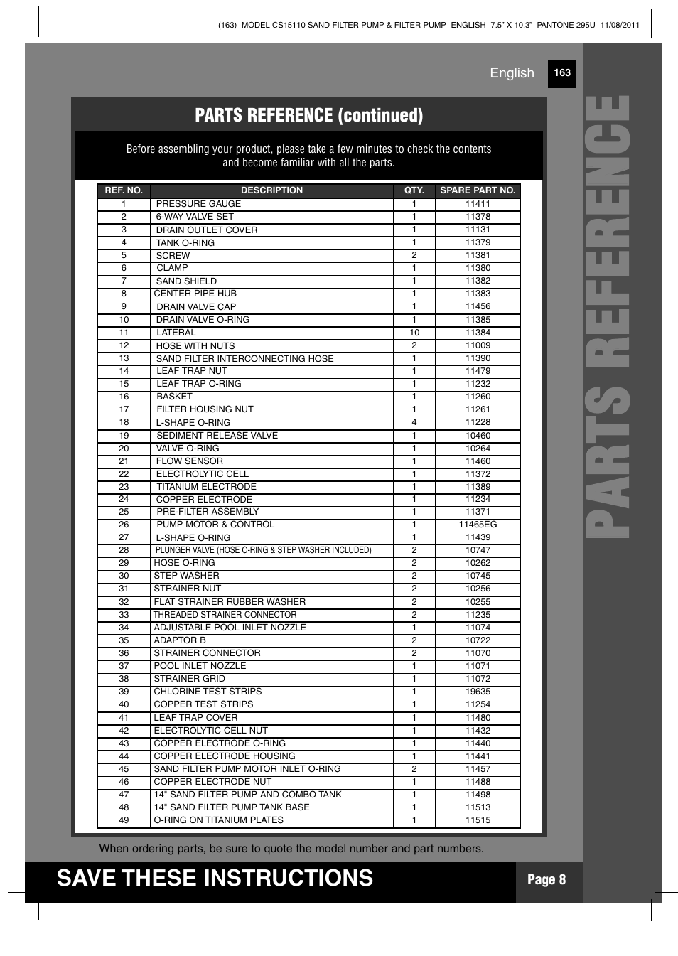 Pp aa rr tt ss rr ee ff ee rr ee nn cc ee, Save these instructions, Parts reference (continued) | Intex CS15110 Krystal Clear 2012 User Manual | Page 8 / 40