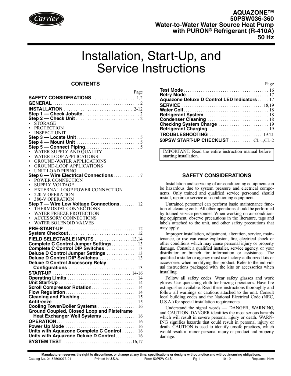 Carrier AQUAZONE 50PSW036-360 User Manual | 24 pages