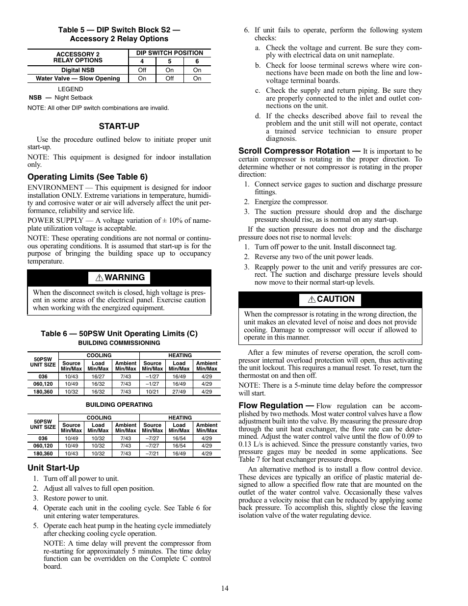 Start-up, Operating limits (see table 6), Unit start-up | Scroll compressor rotation, Flow regulation, Warning, Caution | Carrier AQUAZONE 50PSW036-360 User Manual | Page 14 / 24