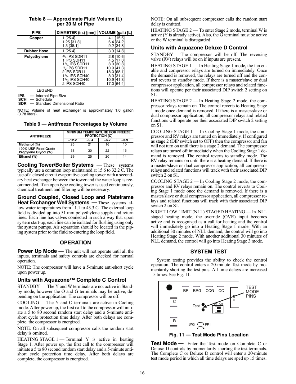 Cooling tower/boiler systems, Operation power up mode, Units with aquazone™ complete c control | Units with aquazone deluxe d control, System test, Test mode | Carrier AQUAZONE 50PSW036-360 User Manual | Page 16 / 24