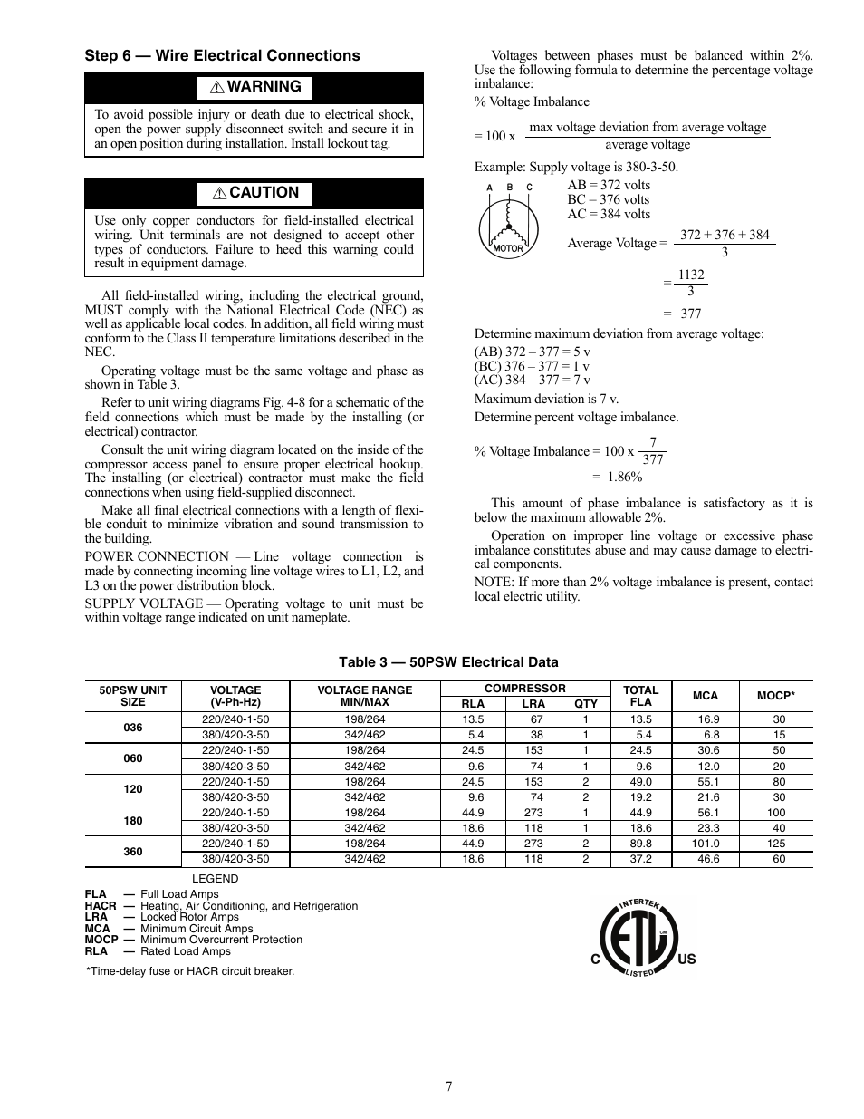 Step 6 — wire electrical connections, Warning, Caution | Carrier AQUAZONE 50PSW036-360 User Manual | Page 7 / 24