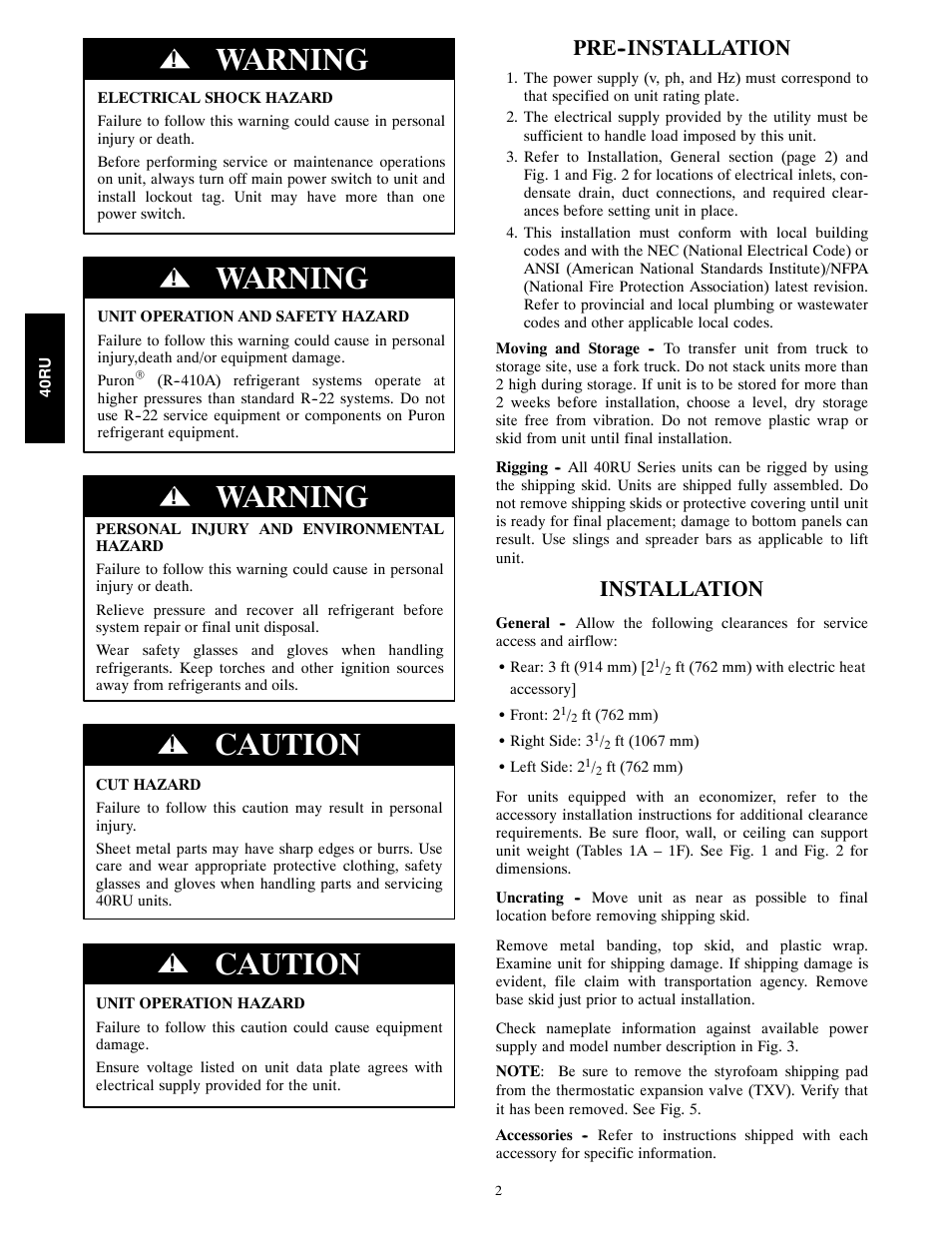 Warning, Caution, Pre--installation | Installation | Carrier 40RU User Manual | Page 2 / 40