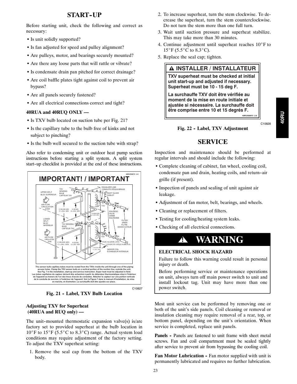 Warning, Important! / important, Start--up | Service, Installer / installateur | Carrier 40RU User Manual | Page 23 / 40
